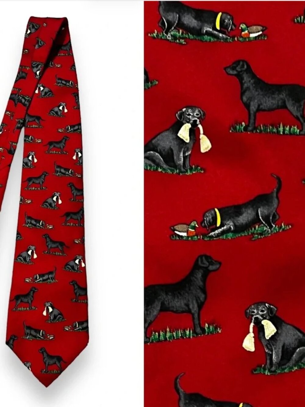 Vintage Alynn Silk Tie Black Labrador Retriever Novelty Print Preppy Dog Red